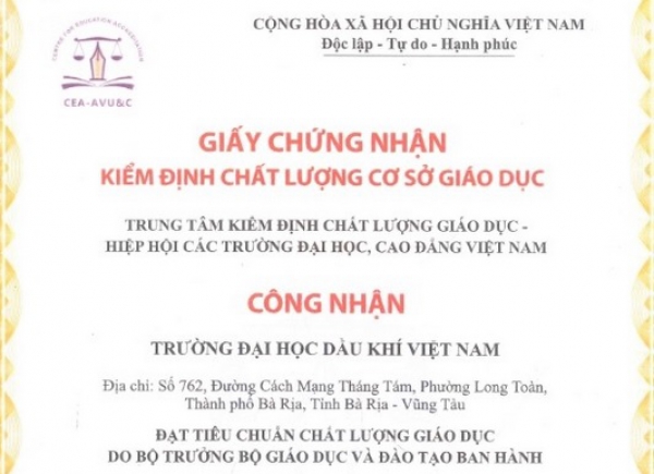 Trường Đại học Dầu khí Việt Nam đạt giấy chứng nhận kiểm định chất lượng cơ sở giáo dục