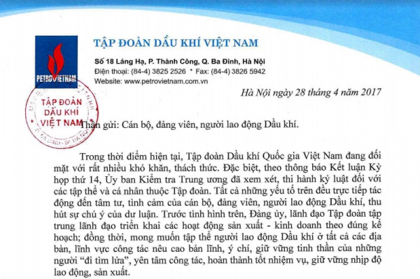 Thư gửi cán bộ, đảng viên, người lao động Dầu khí